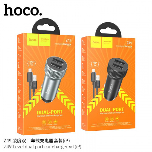 Блок питания автомобильный 2 USB HOCO Z49 Level , 2.4A, пластик, кабель USB - 8 pin, цвет: чёрный (1/13/130) (6931474795625)