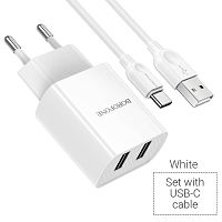 Блок питания сетевой 2 USB Borofone, BA53A, Powerway, 2100mA, пластик, кабель Type-C, цвет: белый