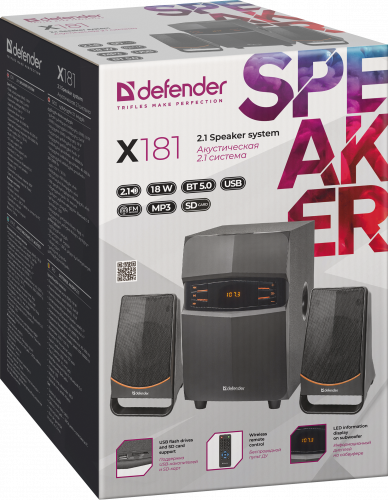 Акустическая система DEFENDER 2.1 X181, черный, 18Вт, BT/FM/MP3/SD/USB/LED/RC (1/4) (65181) фото 8