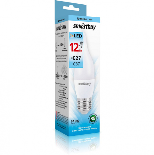 Лампа светодиодная SMARTBUY C37 12Вт 4000К E27 (свеча на ветру, матовая, нейтральный свет) (1/10/100) (SBL-C37Can-12-40K-E27)