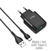 Блок питания сетевой 1 USB HOCO C72Q, Glorious, 2400mA, пластик, QC3.0, кабель Type-C, цвет: чёрный (1/30/180) (6931474732545)