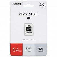 Карта памяти MicroSD  64GB  Smart Buy Сlass 10 Pro UHS-I U3 (60/95 Mb/s) + SD адаптер (SB64GBSDCL10U3L-01)