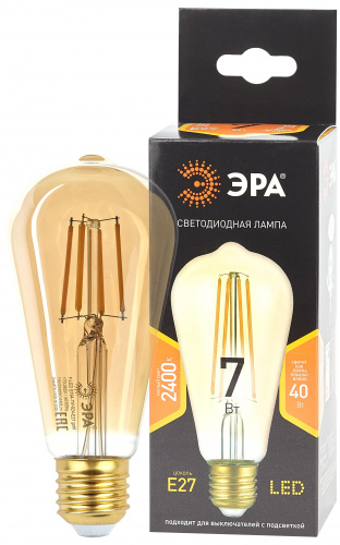 Лампа светодиодная ЭРА ST64-7W-824-E27 gold (филамент, зол, 7Вт, тепл, E27) (20/960)
