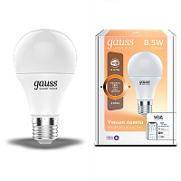 Лампа светодиодная GAUSS Smart Home, Wi-Fi и голосовое управление, програм-ние режимов, диммер, DIM E27 A60 8.5 Вт 2700К 1/10/40