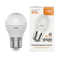 Лампа светодиодная GAUSS Basic Шар 7,5W 670lm 3000K E27 1/10/100 (1053218)
