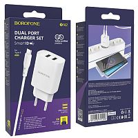 Блок питания сетевой 2 USB Borofone, BN2, 2100mA, пластик, кабель Type-C, цвет: белый(1/60/240)