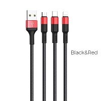 Кабель USB - 8 pin, Type-C, микро USB HOCO X26 Xpress, 1.0м, круглый, 2.1A, ткань, цвет: чёрный, красная вставка (1/30/300)