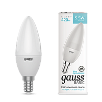 Лампа светодиодная GAUSS Basic Свеча 5,5W 420lm 4100K E14 1/10/100