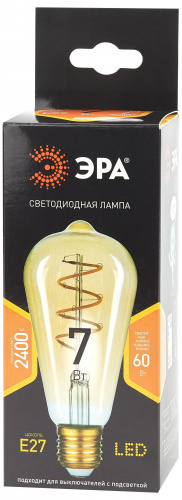 Лампа светодиодная ЭРА ST64-7W-824-E27 spiral gold (филамент, спир зол, 7Вт, тепл, E27) (20/960) фото 4