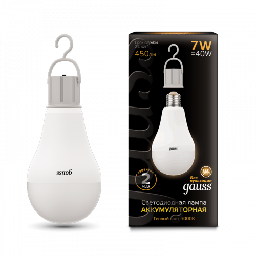 Лампа светодиодная GAUSS A60 7W 450lm 3000K E27 с Li-Ion аккумулятором 1/10/60 (102402107)