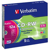 Диск VERBATIM CD-RW 80 (8-12x) Slim Color (5) (100)