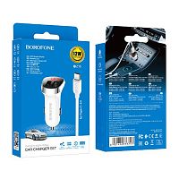 Блок питания автомобильный 2 USB Borofone, BZ15, Auspicious, 2400mA, пластик, дисплей, кабель Type-C, цвет: белый(1/210)