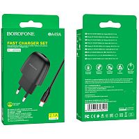 Блок питания сетевой 1 USB Borofone, BA49A, Vast, 2400mA, пластик, кабель Apple 8 pin, цвет: чёрный (1/44/176)