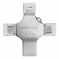 Флеш-накопитель USB 3.0  64GB  Smart Buy  MC15  Metal Quad  4-in-1 (Lightning + USB Type-A + USB Type-C + micro USB)  серебро металл (SB064GBMC15)