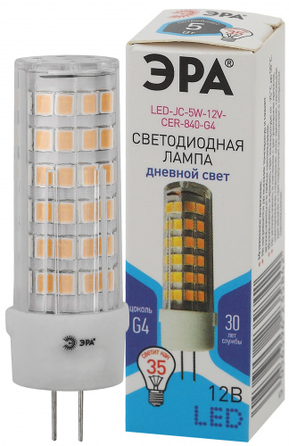 Лампа светодиодная ЭРА STD LED JC-5W-12V-CER-840-G4 G4 5Вт керамика капсула нейтральный белый свет (1/500) (Б0049088)