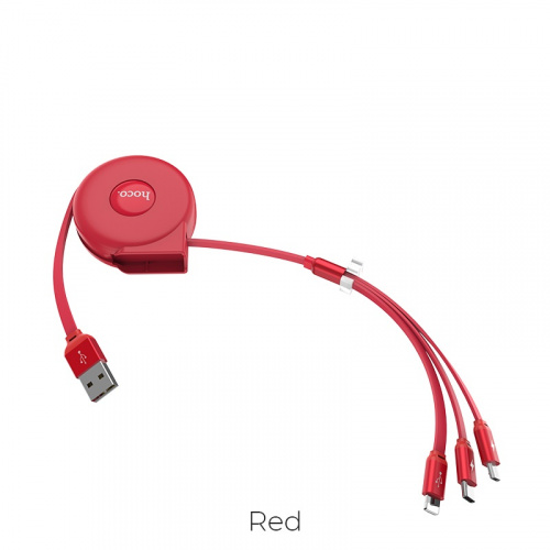 Кабель USB - 8 pin, Type-C, микро USB HOCO U50 Retractable, 1.0м, плоский, 2.0A, силикон, автосмотка, цвет: красный (1/30/180) (6957531093626) фото 4