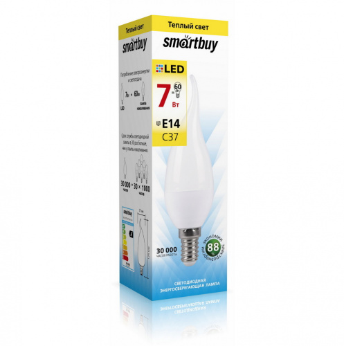 Лампа светодиодная SMARTBUY C37 7Вт 220V 3000K E14 (свеча на ветру, матовая, теплый свет) (1/10/50) (SBL-C37Tip-07-30K-E14)