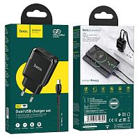 Блок питания сетевой 2 USB HOCO, N7, Speedy, 2.1A, с кабелем Type-C, 1.0м, поликарбонат, цвет: чёрный