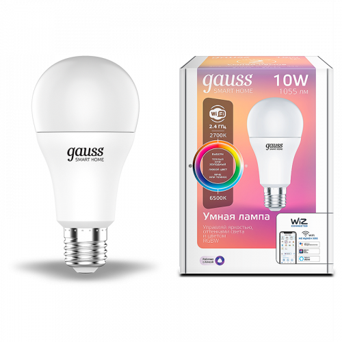 Лампа светодиодная GAUSS Smart Home, Wi-Fi и голосовое управление, програм-ние режимов, диммер, RGBW E27 A60 10 Вт 2700-6500K 1/10/100 (1180112)