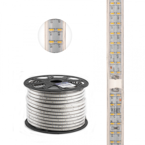 Лента светодиодная NEON-NIGHT 220В, SMD3014, 19,2Вт/м, 240 LED/м, Холодный белый, 6,5х15мм, 100м, с кабелем питания, IP67 (142-803) фото 3