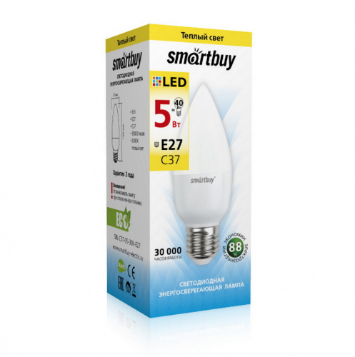 Лампа светодиодная SMARTBUY C37 5Вт 220V 3000K E27 (свеча, теплый свет) (1/10/50) (SBL-C37-05-30K-E27)