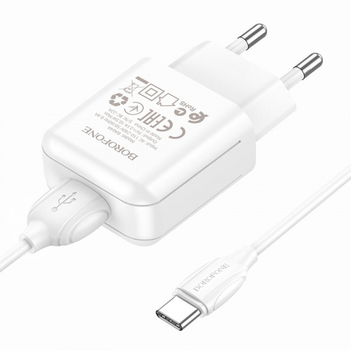Блок питания сетевой 1 USB Borofone BA64A, 2100mA, кабель Type-C, 1.0 м, цвет: белый (1/64/256) (6974443383898)
