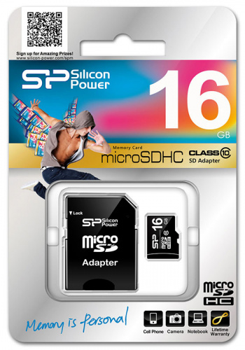 Карта памяти MicroSD  16GB  Silicon Power Class 10  + SD адаптер (SP016GBSTH010V10SP)