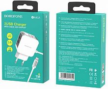 Блок питания сетевой 2 USB Borofone, BA41A, Power lake, 2400mA, пластик, дисплей, кабель 8 pin, цвет: белый (1/36/144)