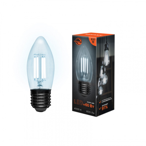 Лампа светодиодная  REXANT филаментная Свеча CN35 7.5 Вт 600 Лм 4000K E27 диммируемая, прозрачная колба (10/100) фото 4