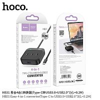 USB-концентратор HOCO HB31, пластик, 4 гнезда, 3 USB 2.0 выхода, 1 USB 3.0 выход, кабель Type-C 0,2м, цвет: чёрный (1/19/190) (6931474784926)