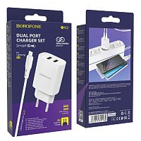 Блок питания сетевой 2 USB Borofone, BN2, 2100mA, пластик, кабель 8 pin, цвет: белый(1/60/360)