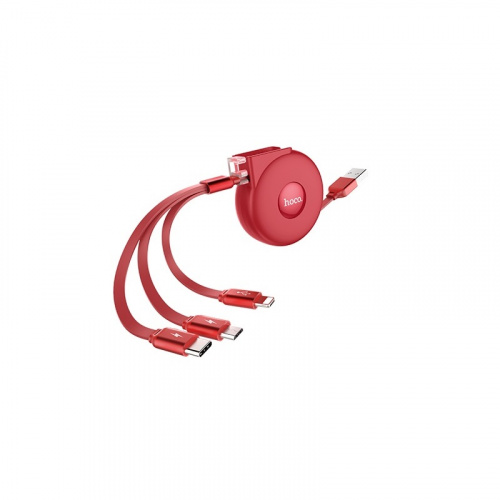 Кабель USB - 8 pin, Type-C, микро USB HOCO U50 Retractable, 1.0м, плоский, 2.0A, силикон, автосмотка, цвет: красный (1/30/180) (6957531093626) фото 2