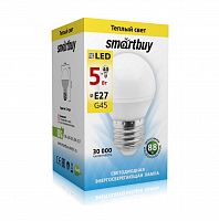 Лампа светодиодная SMARTBUY GL45 5Вт 220V 3000K E27 (глоб, тёплый свет) (1/10/50)