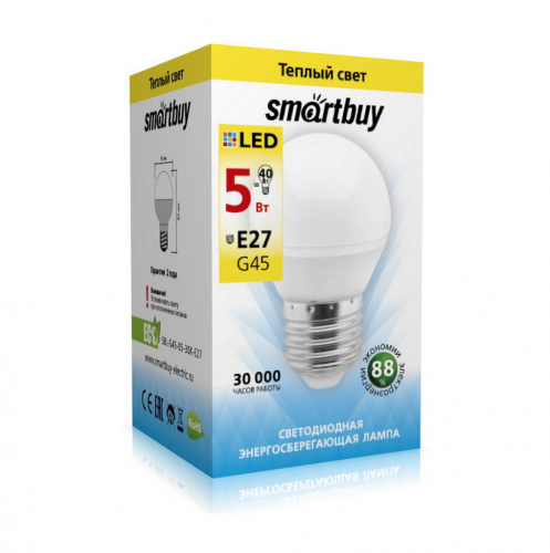 Лампа светодиодная SMARTBUY GL45 5Вт 220V 3000K E27 (глоб, тёплый свет) (1/10/50) (SBL-G45-05-30K-E27)