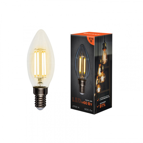 Лампа светодиодная REXANT филаментная Свеча CN35 7.5 Вт 600 Лм 2700K E14 прозрачная колба (10/100) фото 2