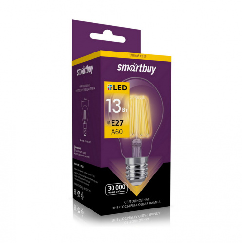 Лампа светодиодная SMARTBUY филамент A60 13Вт 3000K E27 (груша, тёплый свет) (1/10) (SBL-A60F-13-30K-E27)