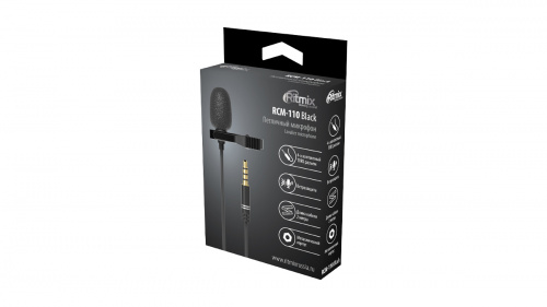 Микрофон RITMIX RCM-110, Петлич, конденсат, всенаправл, Bk, 20-20000Гц, 2.2кОм, 65дБ, каб.1.2м,разъем3.5мм,10г,в компл. держ-клипса,ветрозащита (1/3/6 (80001124) фото 2