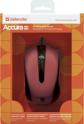 Мышь DEFENDER  Accura MM-950, красный, USB, проводная, 3 кнопки (1/40) (52951) фото 11