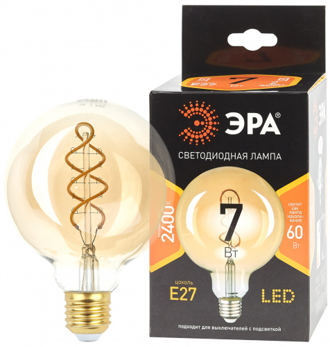 Лампа светодиодная ЭРА G95-7W-824-E27 spiral gold (филамент, шар спир зол, 7Вт, тепл, E27) (20/560)