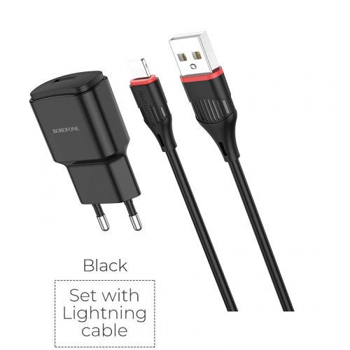 Блок питания сетевой 1 USB Borofone BA48A, Orion, 2100mA, пластик, кабель Apple 8 pin, цвет: чёрный (1/44/176) (6931474728340)