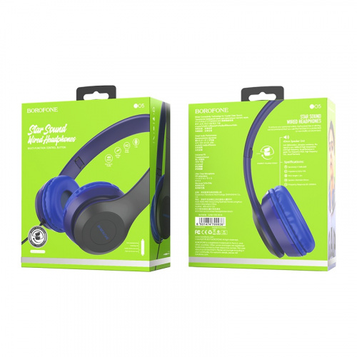 Наушники полноразмерные Borofone BO5, Star sound, микрофон, кабель 1.2м, цвет: синий (1/12/36) (6931474709936)