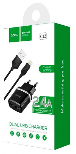 Блок питания сетевой 2 USB HOCO C12, 2400mA, пластик, кабель 8 pin, цвет: белый (1/10/100) (6957531047766) фото 4
