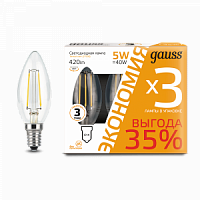 Комлект ламп светодиодных GAUSS "Филамент" Свеча E14 5W 2700К (цена за упаковку=3шт) (1/20)