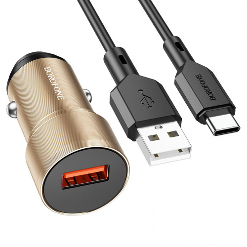 Блок питания автомобильный 1 USB Borofone BZ19A, Wisdom, 18Вт, QC3.0, кабель Type-C, цвет: золотой (1/94/376) (6974443387490)