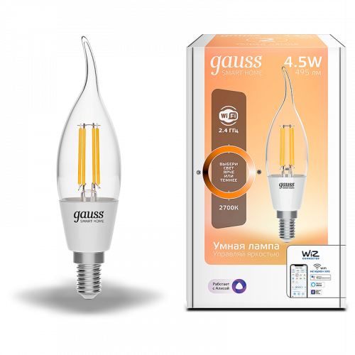Лампа светодиодная GAUSS Smart Home, филамент, Wi-Fi и голосовое управление, програм-ние режимов, диммер, DIM E14 CF35 4,5 Вт 1/10/40 (1260112)