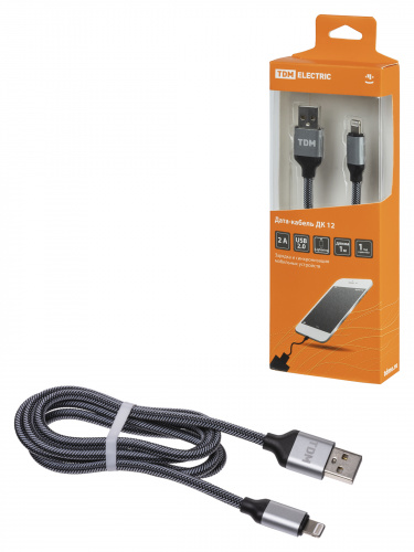 Дата-кабель TDM ДК 12, USB - Lightning, 1 м, тканевая оплетка, серый, (1/200) (SQ1810-0312)