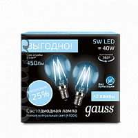 Комлект ламп светодиодных GAUSS "Филамент" Шар E14 5W 4100К (цена за упаковку=2шт) (1/50) (105801205P)