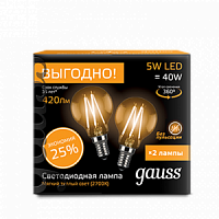 Комлект ламп светодиодных GAUSS "Филамент" Шар E14 5W 2700К (цена за упаковку=2шт) (1/50) (105801105P)