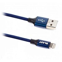 Зарядный USB Дата-кабель BMC-214 синий (1,2м) Lightning,  текстиль оплетка, металл. корпус штекеров, в коробке