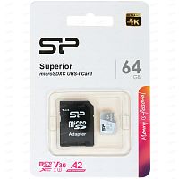 Карта памяти MicroSD  64GB  Silicon Power Class 10  Superior  + SD адаптер (SP064GBSTXDA2V20SP)